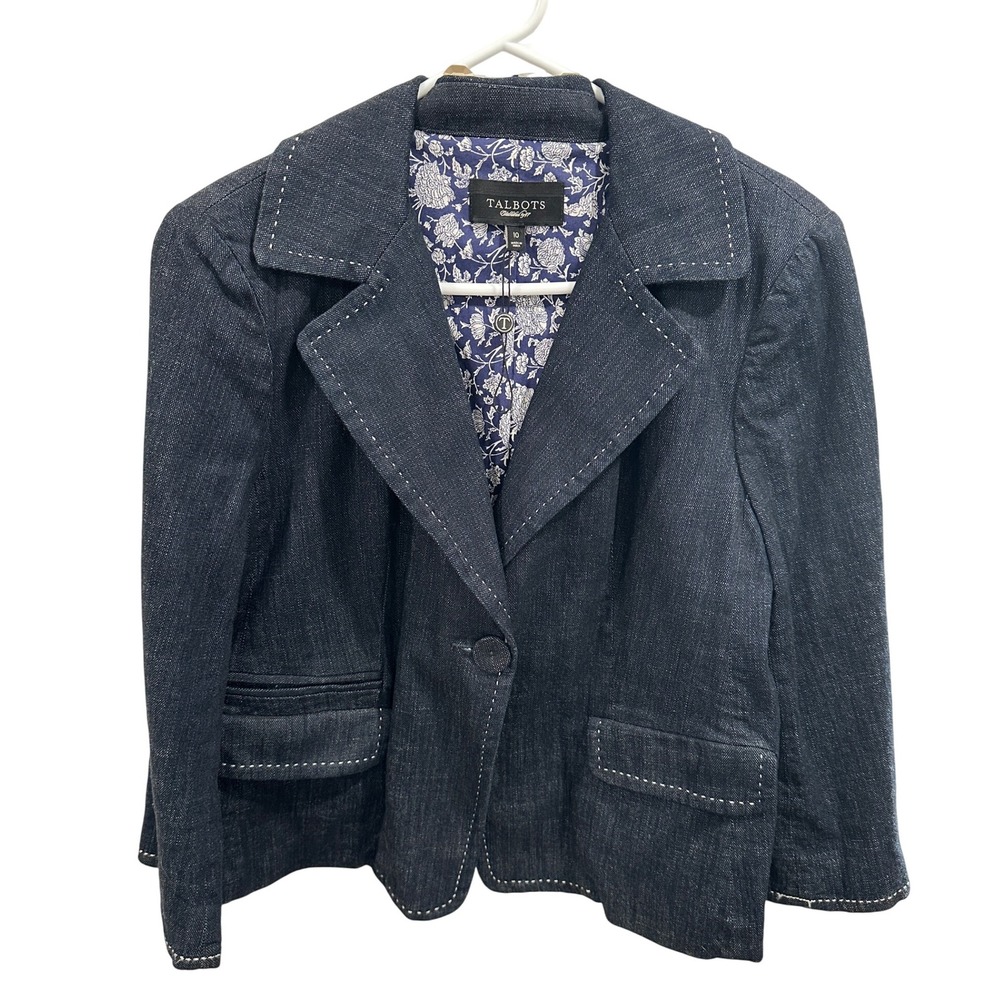 Talbots Denim Blazer Jacket Women's Size 10 Blue White Stitching‎ Floral